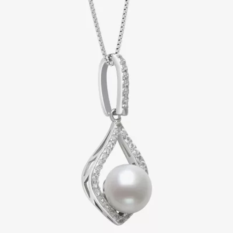 Womens White Cultured Freshwater Pearl Sterling Silver Diamond Pear 18 Inch Pendant Necklace