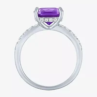 Womens Lab Created Gemstone Sterling Silver Side Stone Solitaire Cushion Cocktail Ring