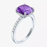 Womens Lab Created Gemstone Sterling Silver Side Stone Solitaire Cushion Cocktail Ring
