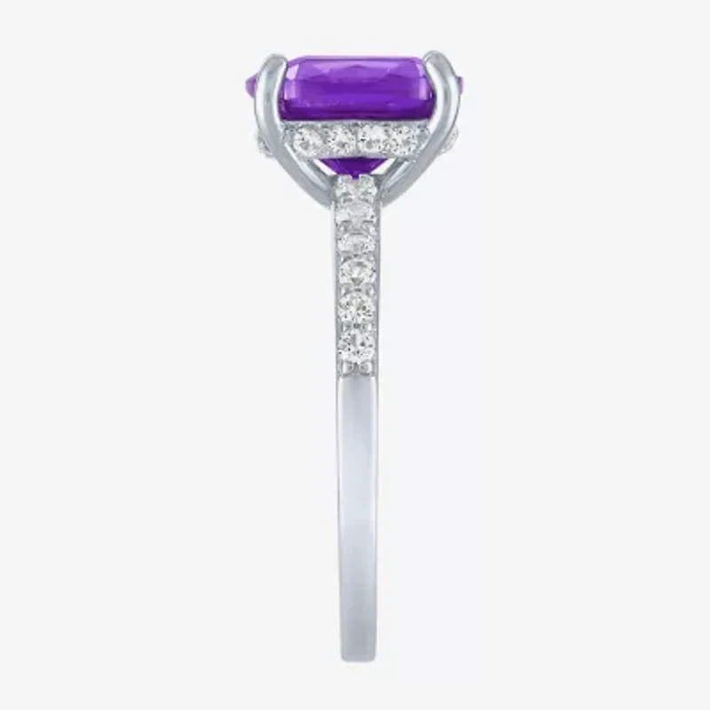 Womens Lab Created Gemstone Sterling Silver Side Stone Solitaire Cushion Cocktail Ring