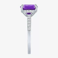 Womens Lab Created Gemstone Sterling Silver Side Stone Solitaire Cushion Cocktail Ring