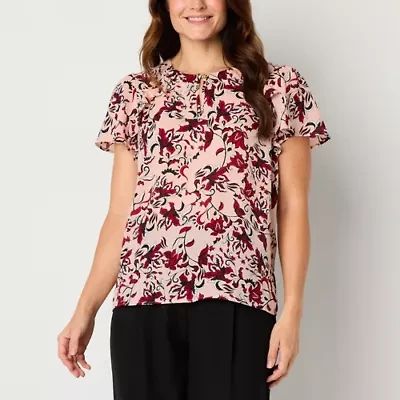 Liz Claiborne Womens Round Neck Short Sleeve Blouse