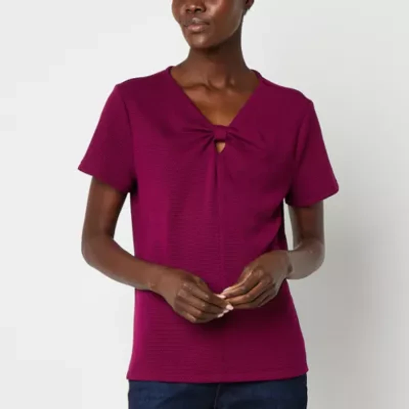 Liz Claiborne Womens Keyhole Neck Short Sleeve Blouse