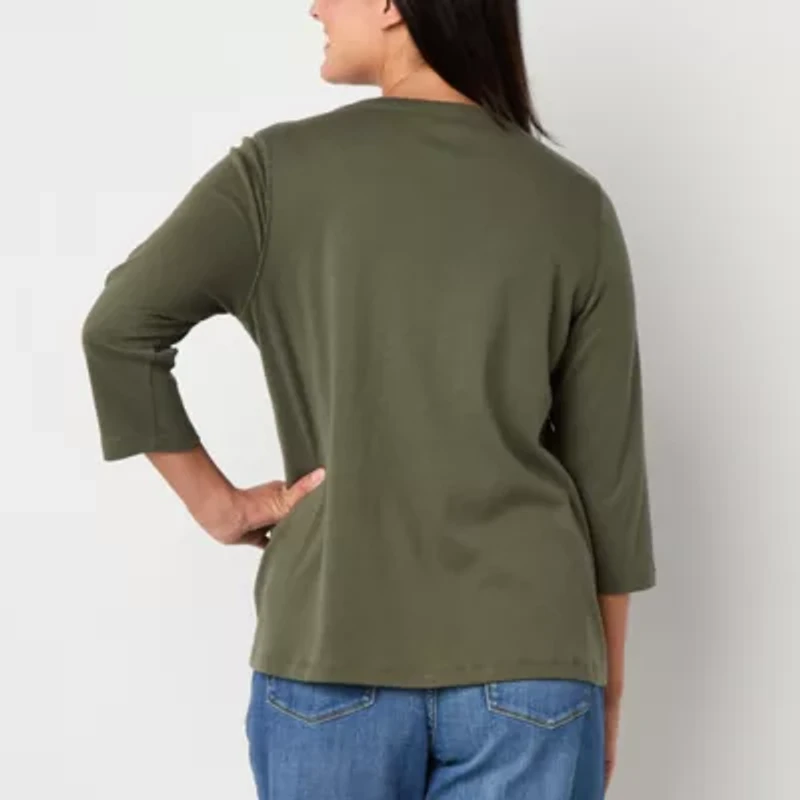 St. John's Bay Womens Easy-on + Easy-off V Neck 3/4 Sleeve Adaptive T-Shirt