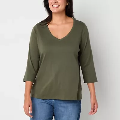 St. John's Bay Womens Easy-on + Easy-off V Neck 3/4 Sleeve Adaptive T-Shirt