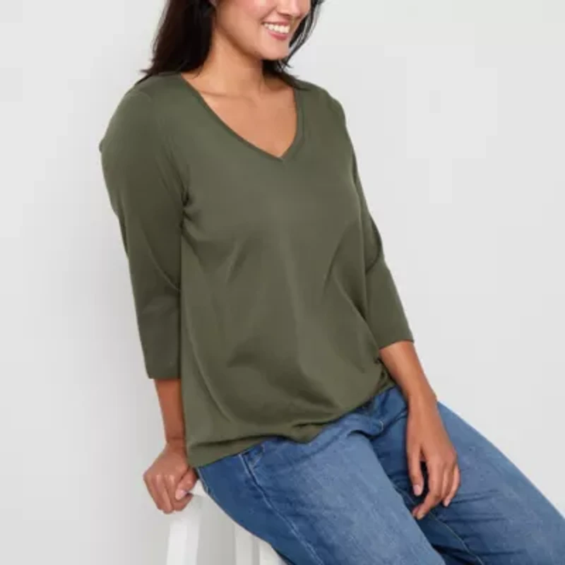 St. John's Bay Womens Easy-on + Easy-off V Neck 3/4 Sleeve Adaptive T-Shirt