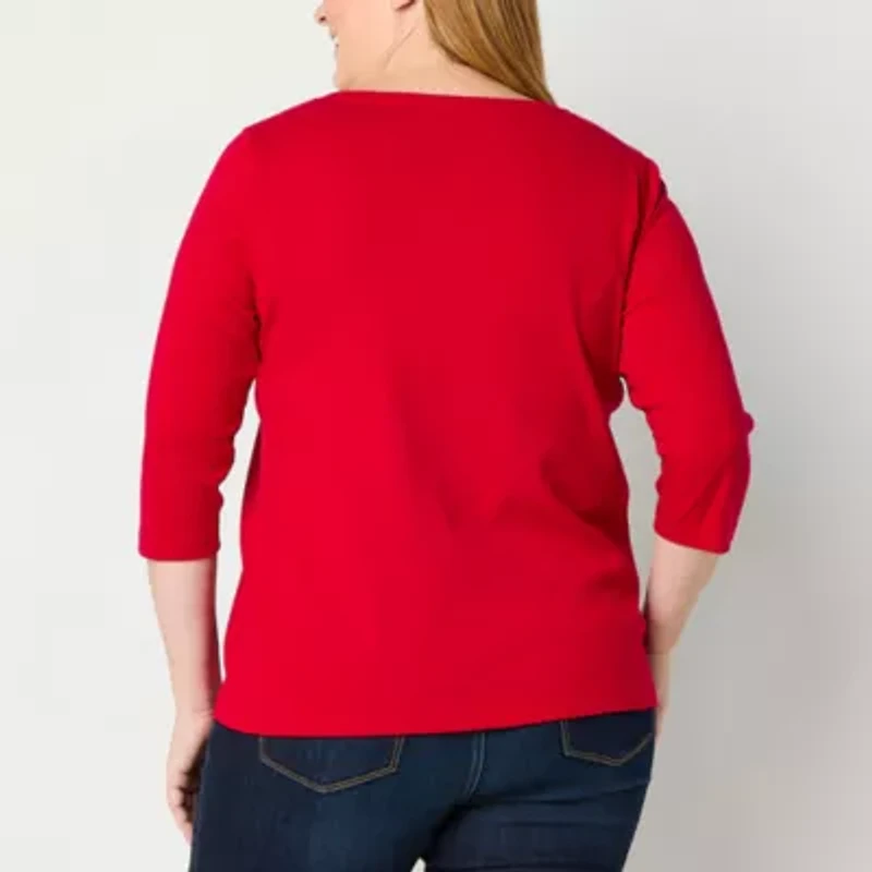 St. John's Bay Womens Easy-on + Easy-off V Neck 3/4 Sleeve Adaptive Plus T-Shirt
