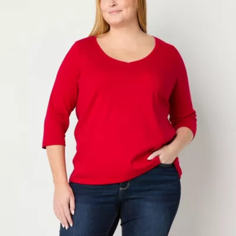 St. John's Bay Womens Easy-on + Easy-off V Neck 3/4 Sleeve Adaptive Plus T-Shirt