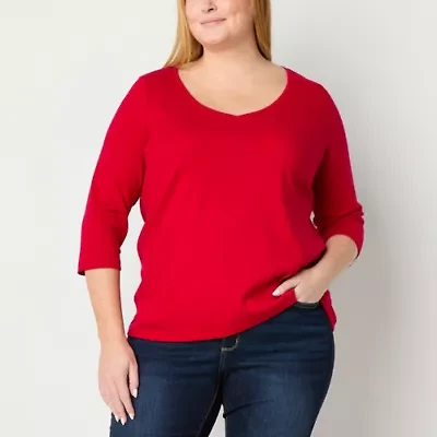 St. John's Bay Womens Easy-on + Easy-off V Neck 3/4 Sleeve Adaptive Plus T-Shirt