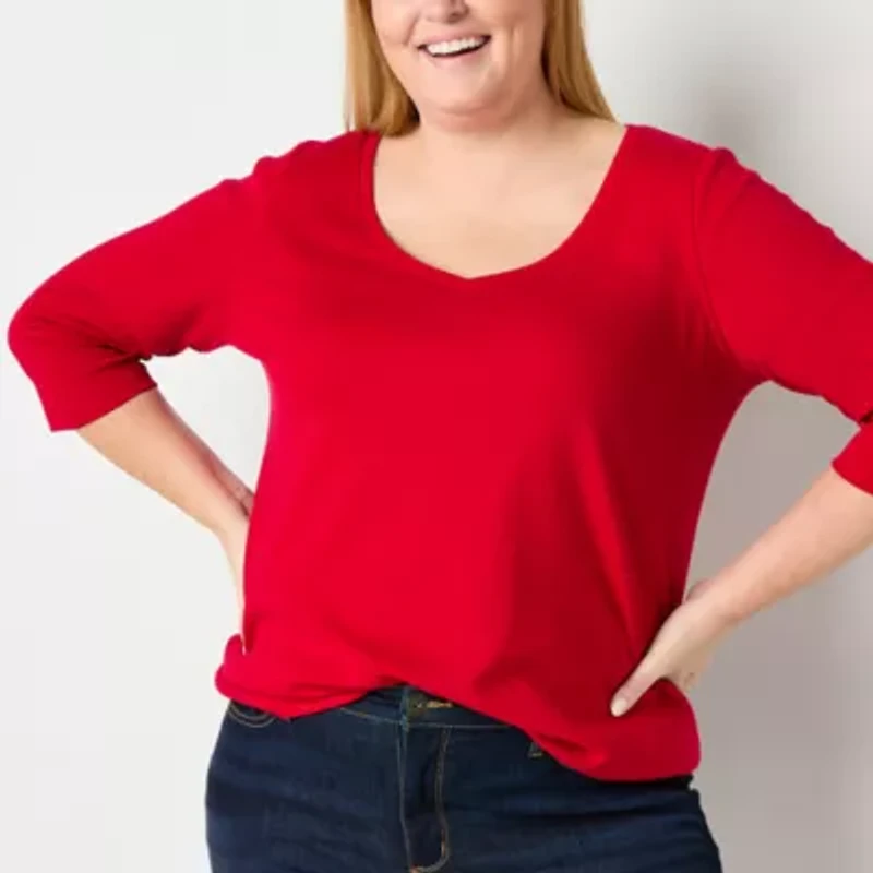 St. John's Bay Womens Easy-on + Easy-off V Neck 3/4 Sleeve Adaptive Plus T-Shirt