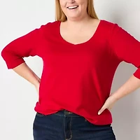 St. John's Bay Womens Easy-on + Easy-off V Neck 3/4 Sleeve Adaptive Plus T-Shirt