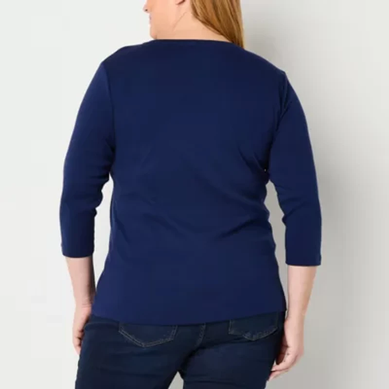St. John's Bay Womens V Neck 3/4 Sleeve Plus T-Shirt