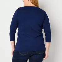 St. John's Bay Womens V Neck 3/4 Sleeve Plus T-Shirt