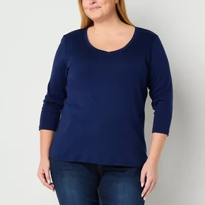 St. John's Bay Womens V Neck 3/4 Sleeve Plus T-Shirt