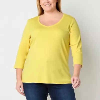 St. John's Bay Womens Plus V Neck 3/4 Sleeve T-Shirt