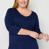 St. John's Bay Womens V Neck 3/4 Sleeve Plus T-Shirt