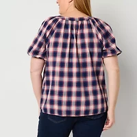 St. John's Bay Womens Plus Split Crew Neck Short Sleeve Blouse