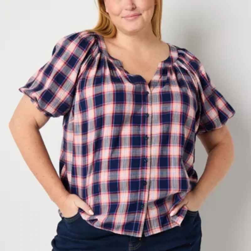 St. John's Bay Womens Plus Split Crew Neck Short Sleeve Blouse