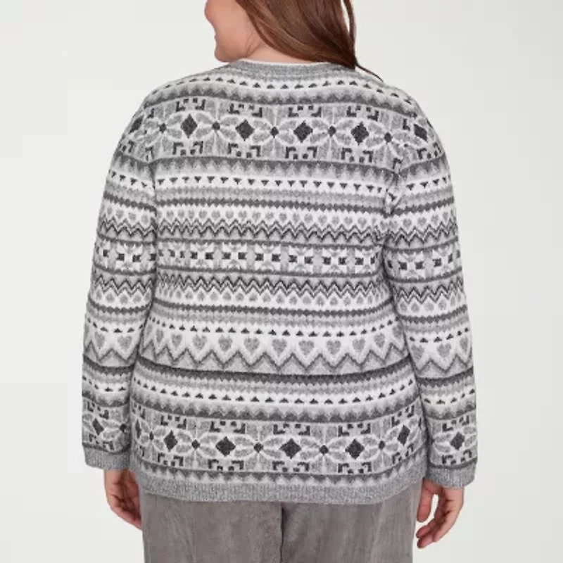 Alfred Dunner Plus Copenhagen Womens Crew Neck Long Sleeve Jacquard Pullover Sweater