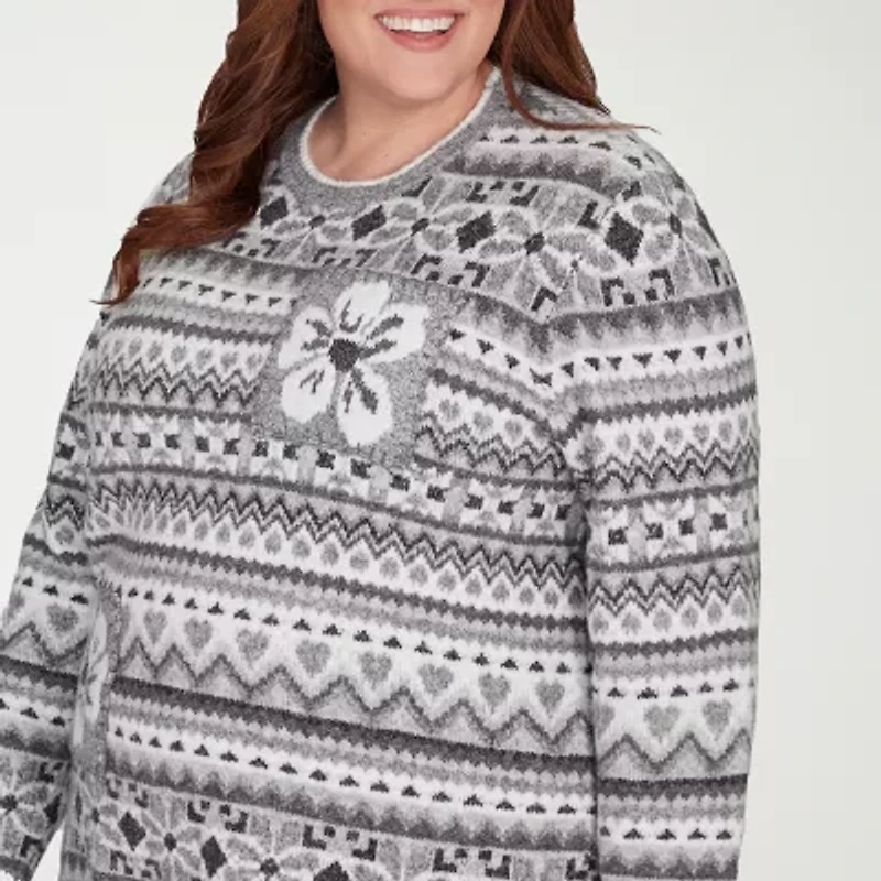 Alfred Dunner Plus Copenhagen Womens Crew Neck Long Sleeve Jacquard Pullover Sweater