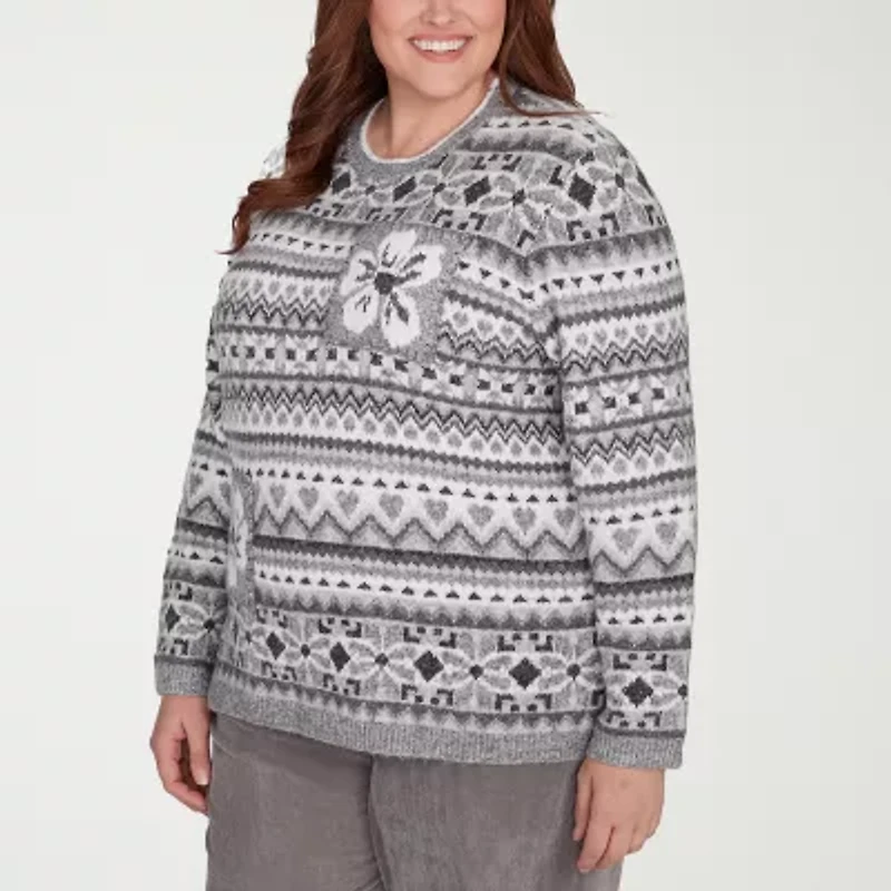 Alfred Dunner Plus Copenhagen Womens Crew Neck Long Sleeve Jacquard Pullover Sweater