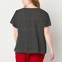 Liz Claiborne Womens Plus Split Crew Neck Short Sleeve Blouse