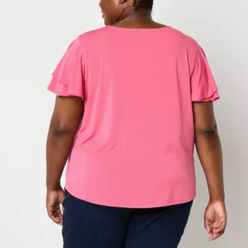 Liz Claiborne Womens Crew Neck Short Sleeve Plus Blouse