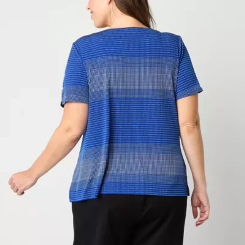 Liz Claiborne Womens Easy-on + Easy-off Round Neck Short Sleeve Adaptive Plus Blouse