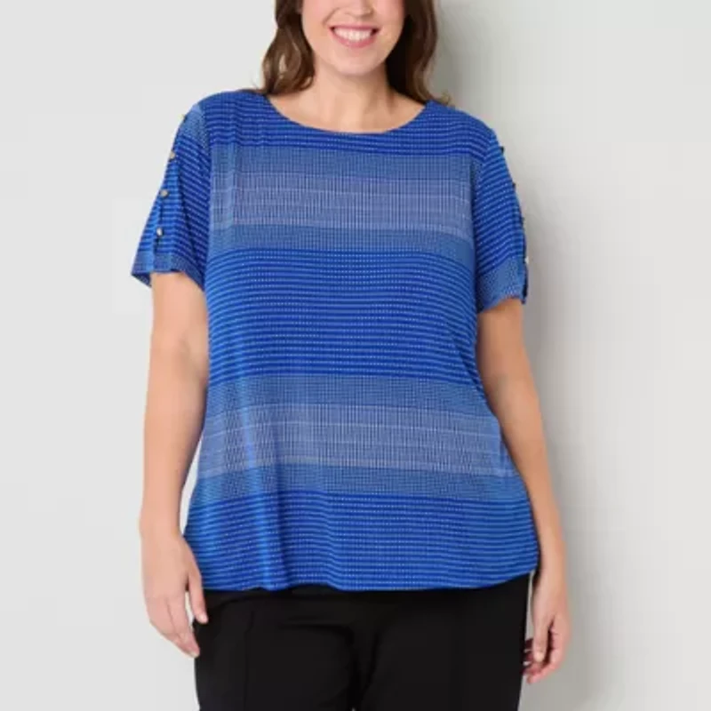 Liz Claiborne Womens Easy-on + Easy-off Round Neck Short Sleeve Adaptive Plus Blouse