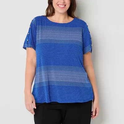 Liz Claiborne Womens Easy-on + Easy-off Round Neck Short Sleeve Adaptive Plus Blouse