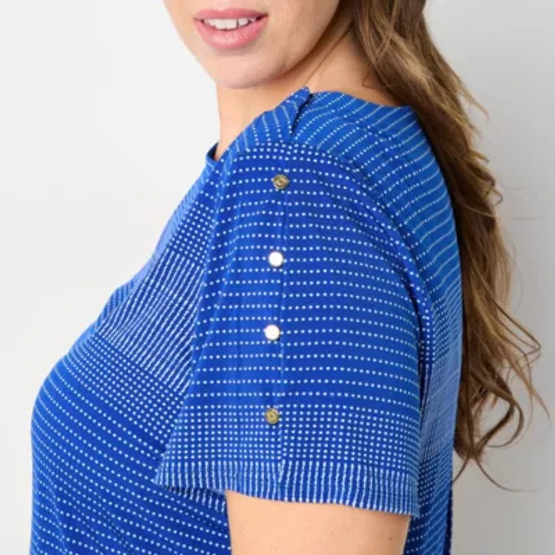 Liz Claiborne Womens Easy-on + Easy-off Round Neck Short Sleeve Adaptive Plus Blouse