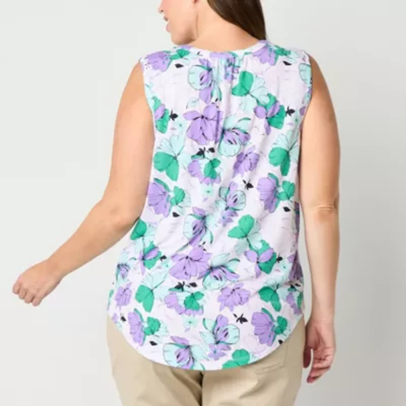 Liz Claiborne Womens Plus Split Crew Neck Sleeveless Tank Top
