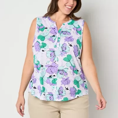 Liz Claiborne Womens Split Crew Neck Sleeveless Plus Tank Top