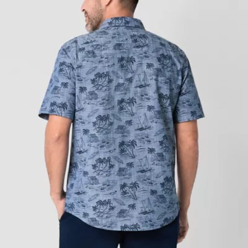 St. John's Bay Printed Chambray Mens Short Sleeve Slim Fit Button-Down Shirt