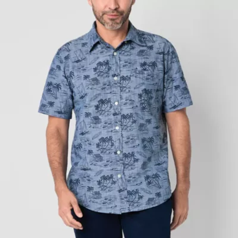 St. John's Bay Printed Chambray Mens Short Sleeve Slim Fit Button-Down Shirt