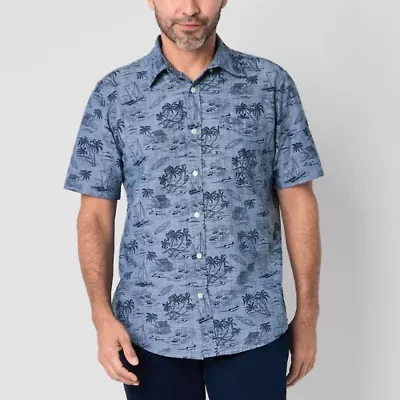 St. John's Bay Printed Chambray Mens Short Sleeve Slim Fit Button-Down Shirt
