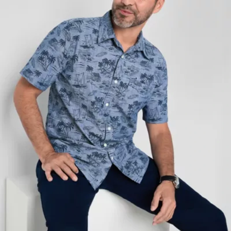 St. John's Bay Printed Chambray Mens Short Sleeve Slim Fit Button-Down Shirt