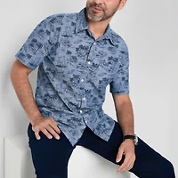 St. John's Bay Printed Chambray Mens Short Sleeve Slim Fit Button-Down Shirt