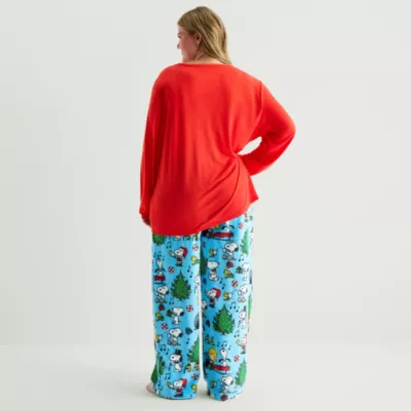 Womens Peanuts Snoopy Microfleece Crew Neck Long Sleeve 2-pc. Matching Family Plus Pajama Sets
