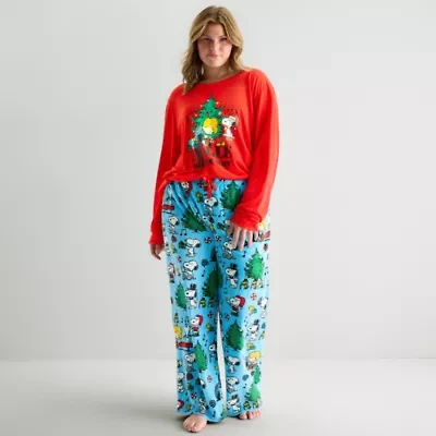 Womens Peanuts Snoopy Microfleece Crew Neck Long Sleeve 2-pc. Matching Family Plus Pajama Sets