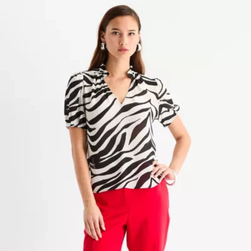 Worthington Womens Petite V Neck Short Sleeve Blouse