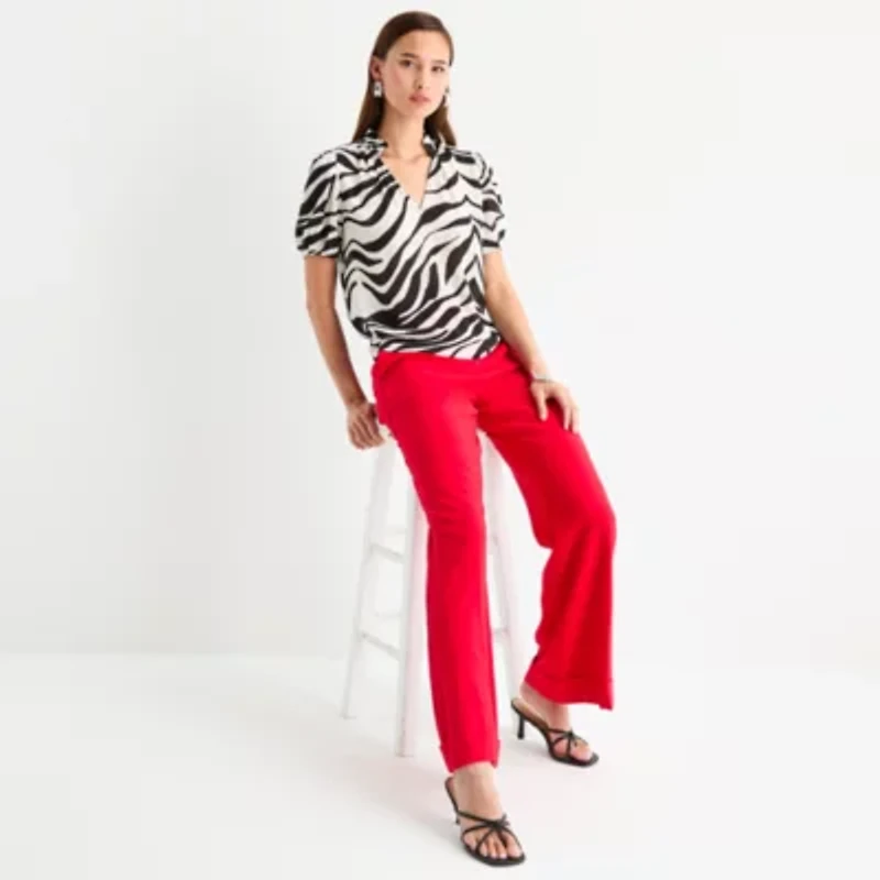 Worthington Womens Petite V Neck Short Sleeve Blouse