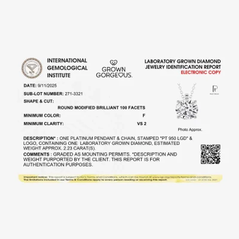Grown Gorgeous (F, Vs2) Womens 2 1/4 CT. T.W. Lab-Grown Diamond 14K Gold or Platinum Round 18 Inch Pendant Necklace