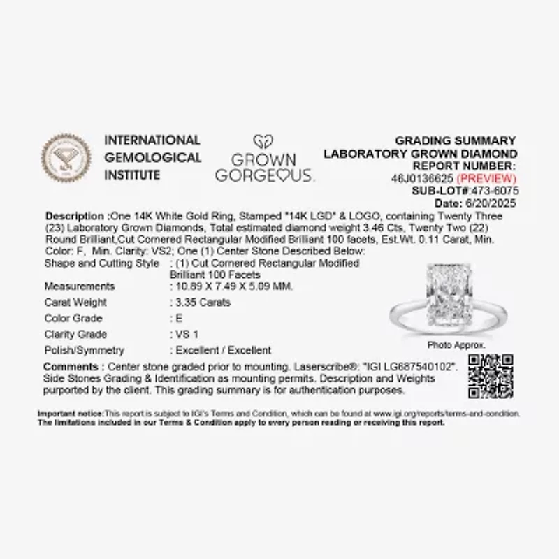 Grown Gorgeous F, Vs2 Womens 3 1/2 CT. T.W Lab White Diamond 14K Gold or Platinum Radiant-cut Engagement Ring