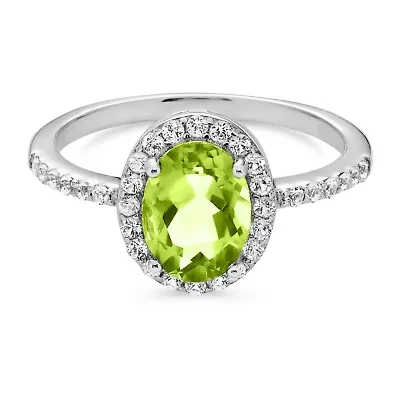 Womens Genuine Green Peridot Sterling Silver Oval Halo Cocktail Ring