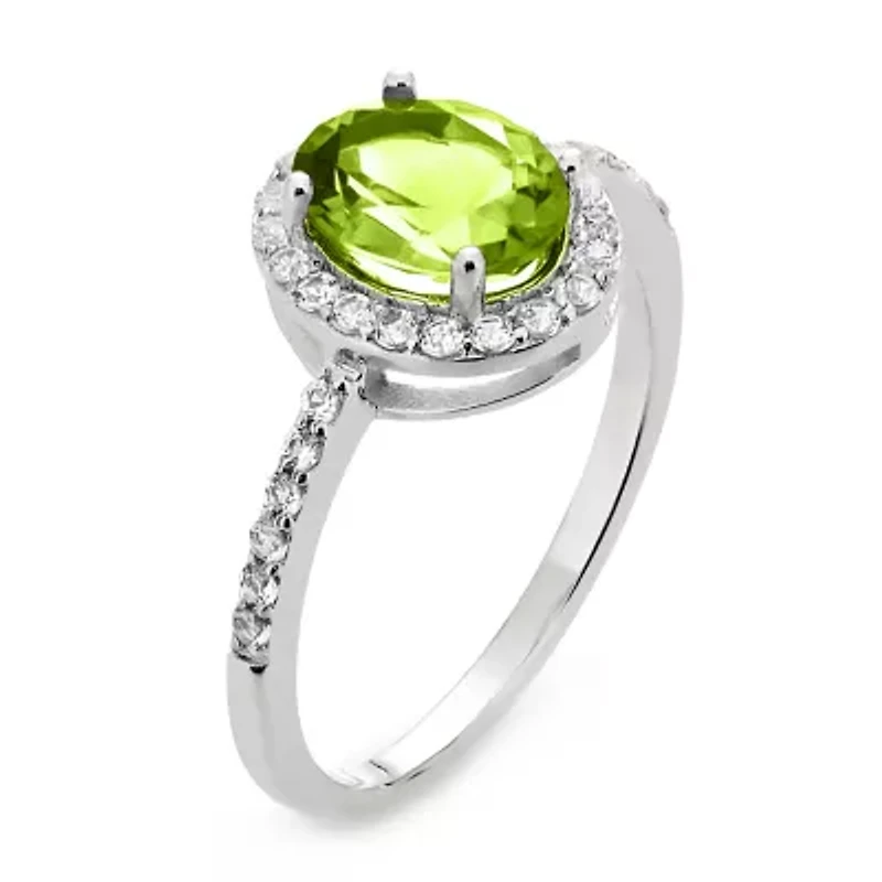 Womens Genuine Green Peridot Sterling Silver Oval Halo Cocktail Ring