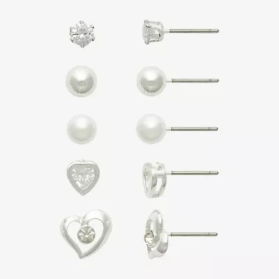 Mixit Womens Simulated Pearl Heart Round Hypoallergenic 5 Pair Earring Set