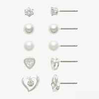 Mixit Womens Simulated Pearl Heart Round Hypoallergenic 5 Pair Earring Set