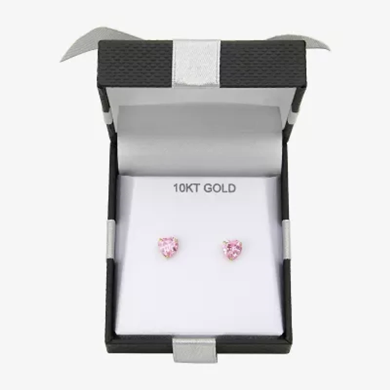 Pink Cubic Zirconia 10K Gold 6mm Heart Stud Earrings