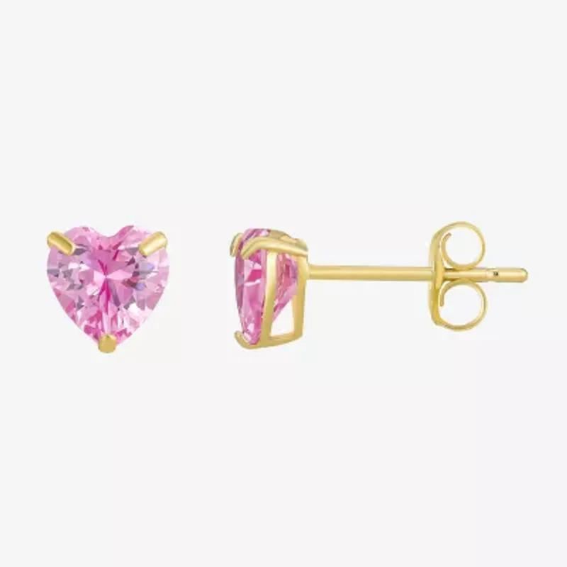 Pink Cubic Zirconia 10K Gold 6mm Heart Stud Earrings